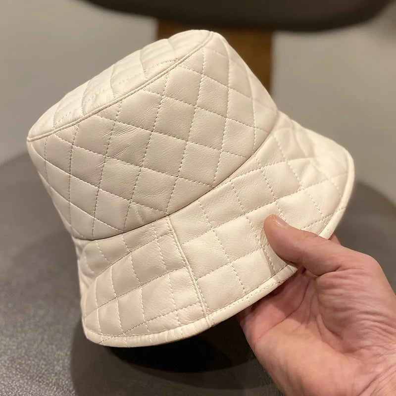 Warm Adult Women Casual PU Leather Plaid Pin Bucket Hat