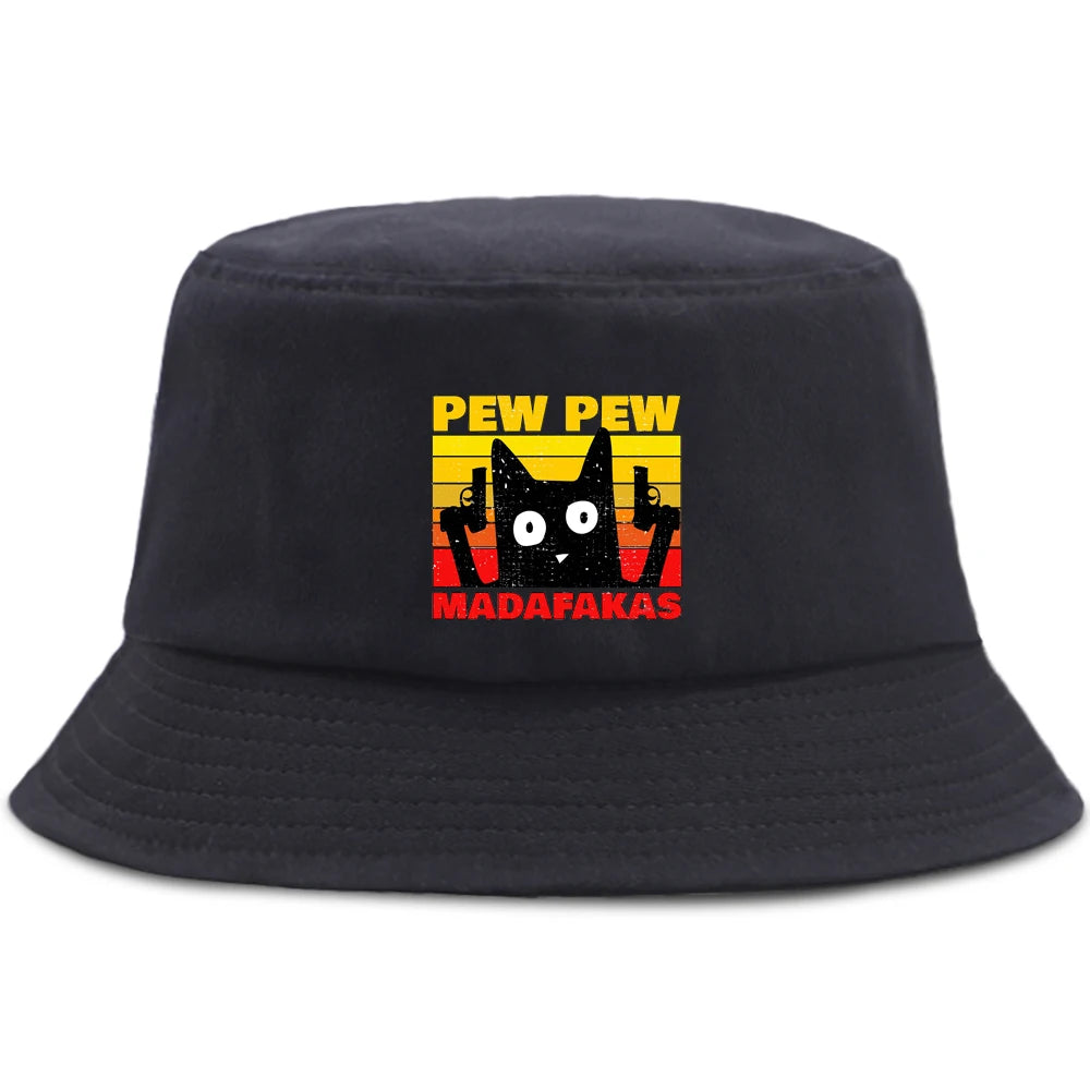 Pew Pew MADAFAKAS Black Cat Bucket Caps Women Street Beach Sun Hat Hip Hop Casual Fisherman Hats Men