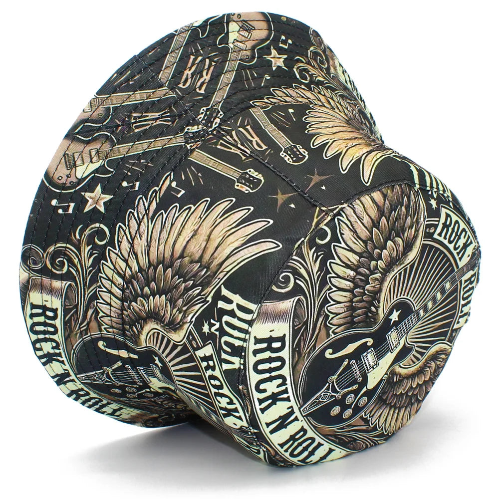 Rock Roll Letters Guitar Print Bucket Hat Double Sides Fisherman Hat Panama Cap
