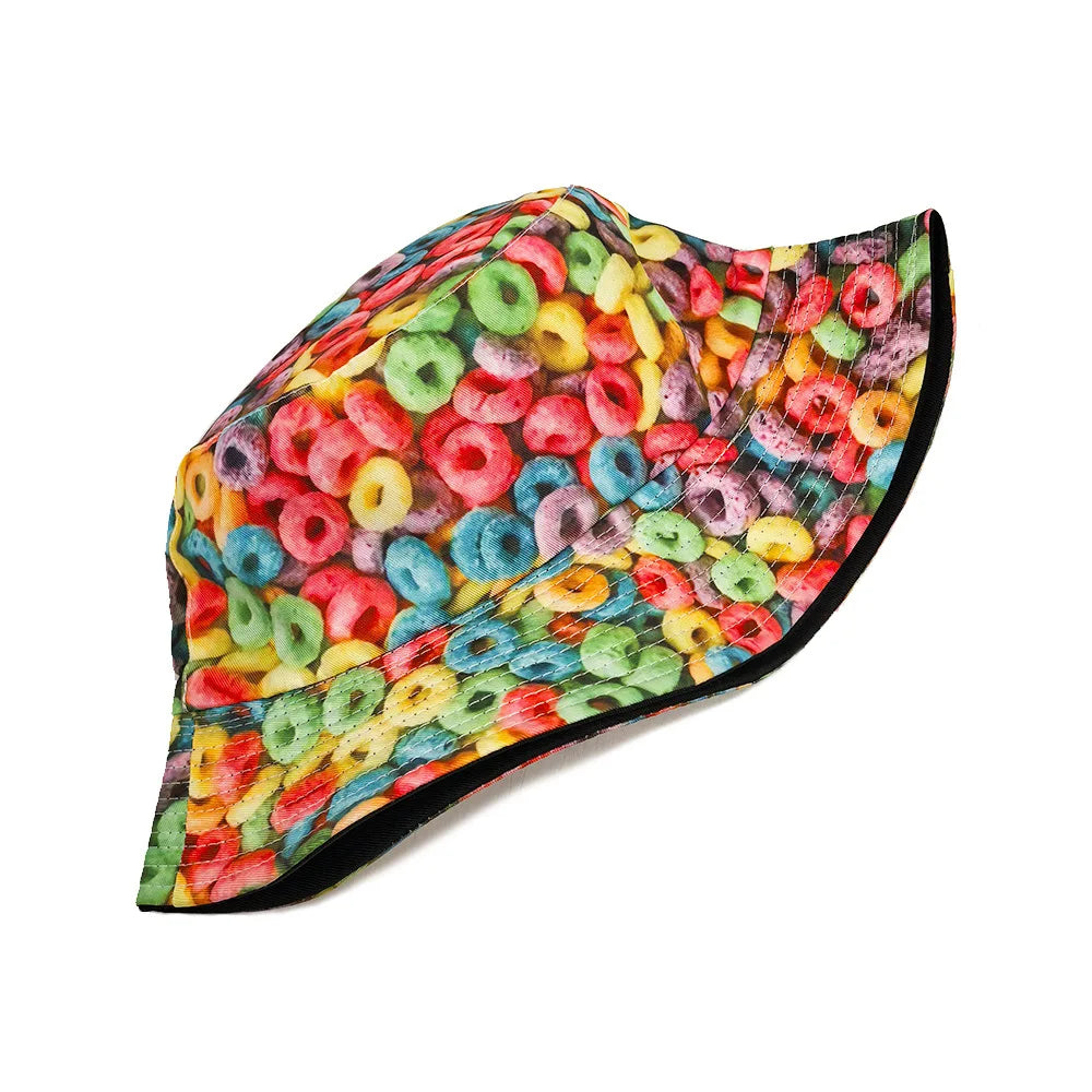 Donut Pattern Bucket Hat Cartoon Graffiti Printing Fisherman Hats Double Sided Panama Cap Men Women