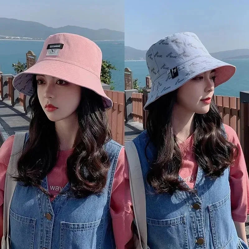 Double-Sided Wear Women Bucket Hat Korean Fashion Letter Print Fisherman Hats For Girl