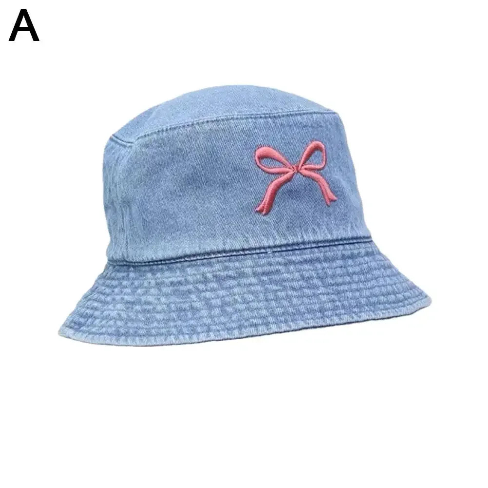Bows Denim Bucket Hat Women Wide Brim