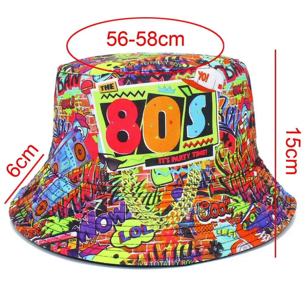 Bucket Hat 80s Printing Double Sided Flat Top Bob Panama Caps For Men Women