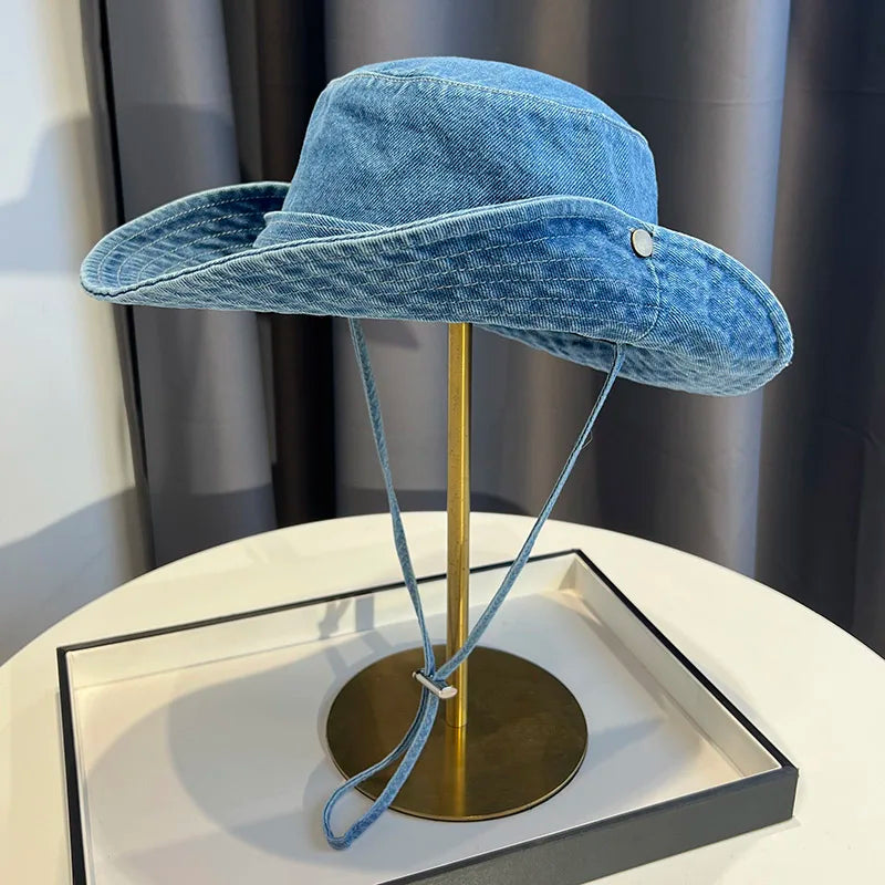 Vintage Washed Denim Bucket Hat Unisex Summer Sun Hat For Women Men