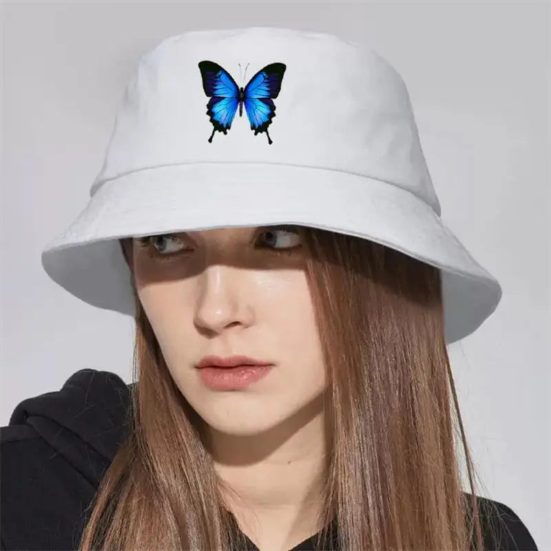 Blue Butterfly Harajuku Bucket Hat Casual Beach Sun Hat Panama Hat