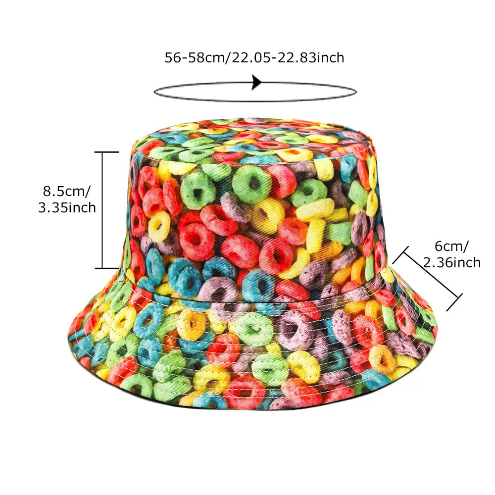 Donut Pattern Bucket Hat Cartoon Graffiti Printing Fisherman Hats Double Sided Panama Cap Men Women