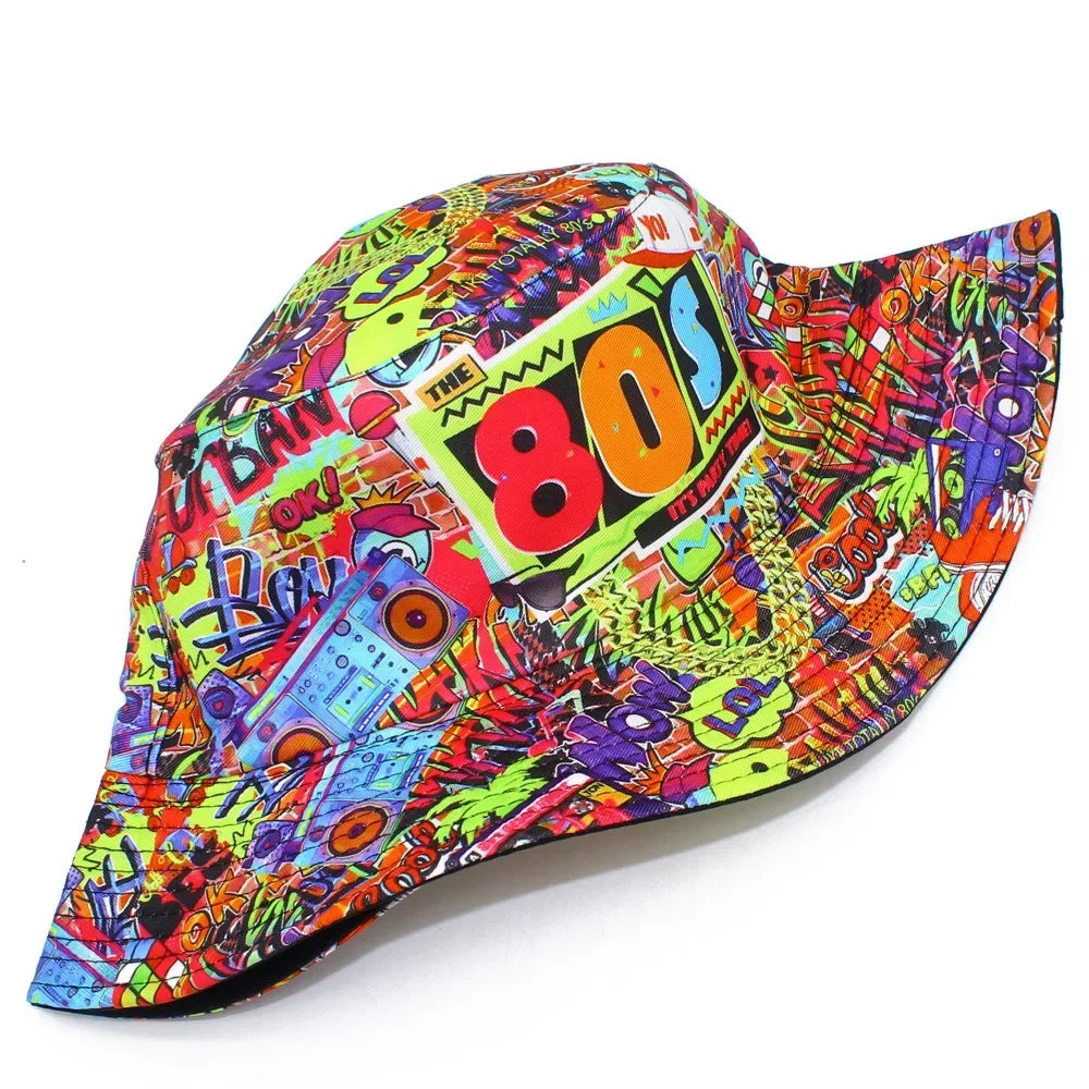 Bucket Hat 80s Printing Double Sided Flat Top Bob Panama Caps For Men Women