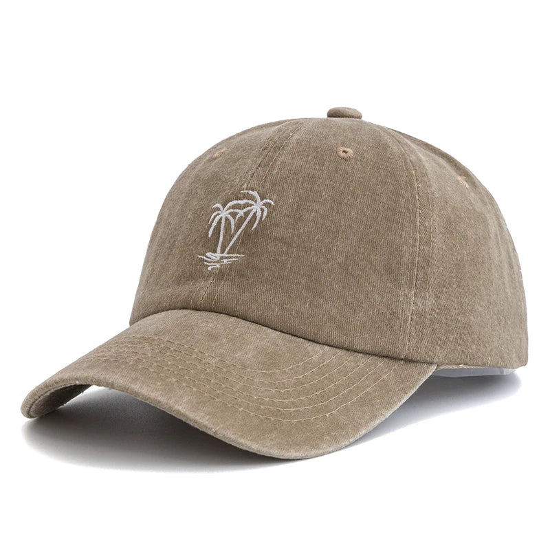 New Unisex Washed Cotton Cap Coconut Tree Embroidery Vintage Baseball Cap