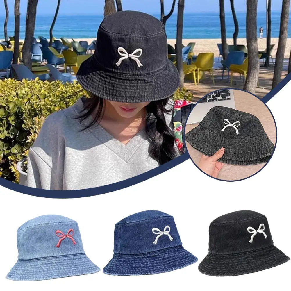 Bows Denim Bucket Hat Women Wide Brim