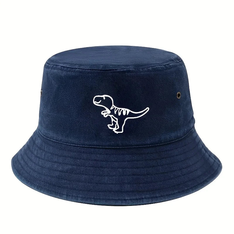 Bucket Hat Retro Washed Hat Flat Top Sunshade Hat Dinosaur Print