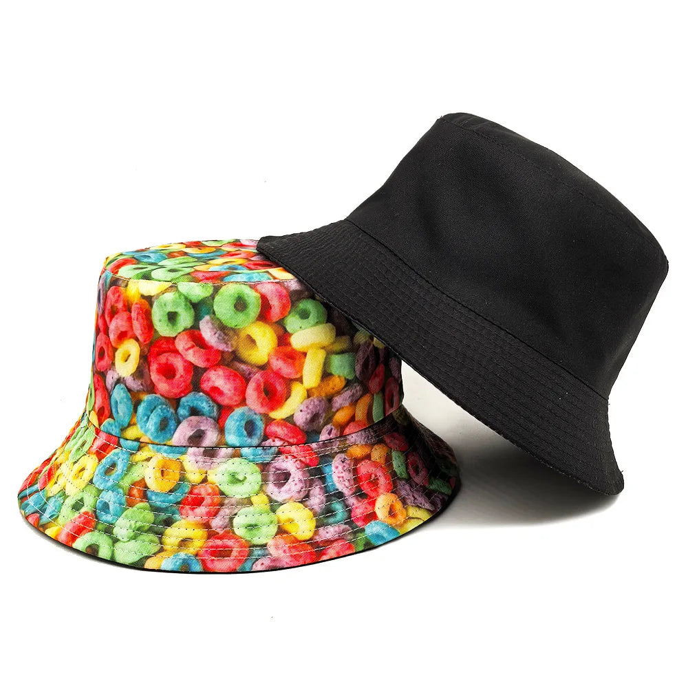 Donut Pattern Bucket Hat Cartoon Graffiti Printing Fisherman Hats Double Sided Panama Cap Men Women