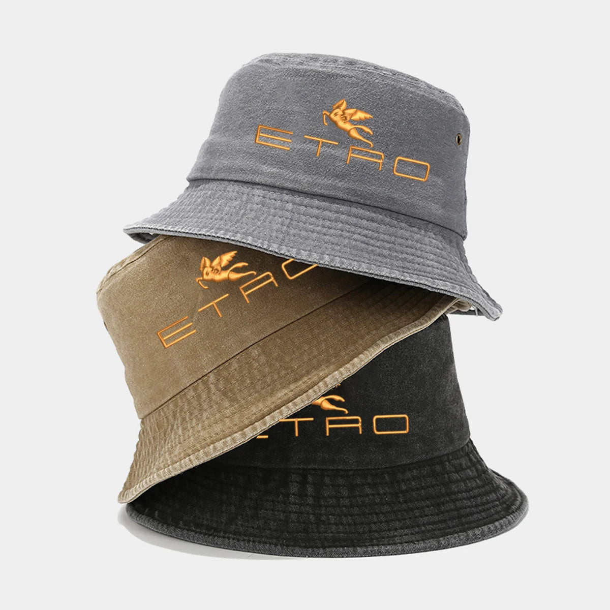 'E.T.R.O' Washed Retro Sunshade Embroidered Fisherman Hat Bucket Hat