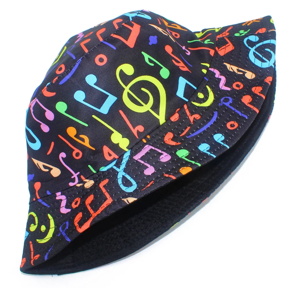 Adorable Musical Note Pattern Fisherman Hat Colorful Graffiti Hip Hop Bucket Hat for Men Women