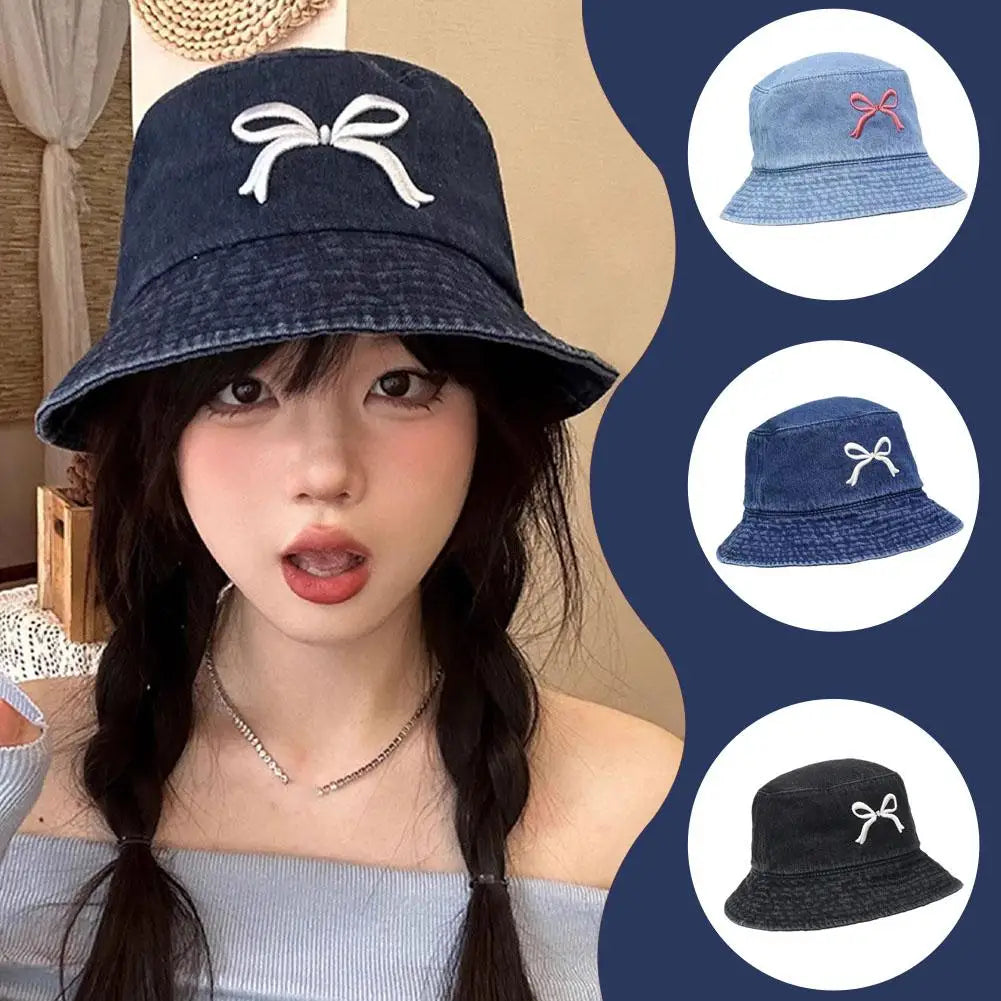 Bows Denim Bucket Hat Women Wide Brim