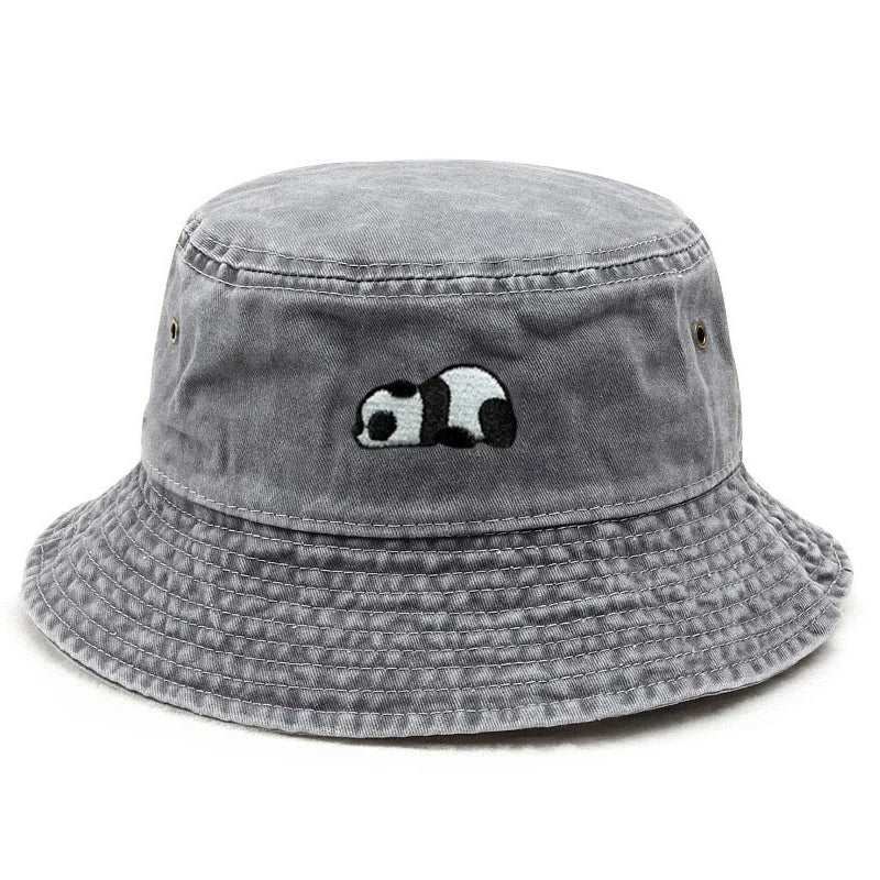 Washed Cotton Bucket Hat Beach Caps Panda Embroidery