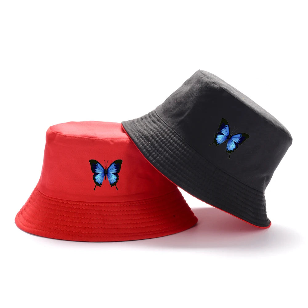 Blue Butterfly Harajuku Bucket Hat Casual Beach Sun Hat Panama Hat
