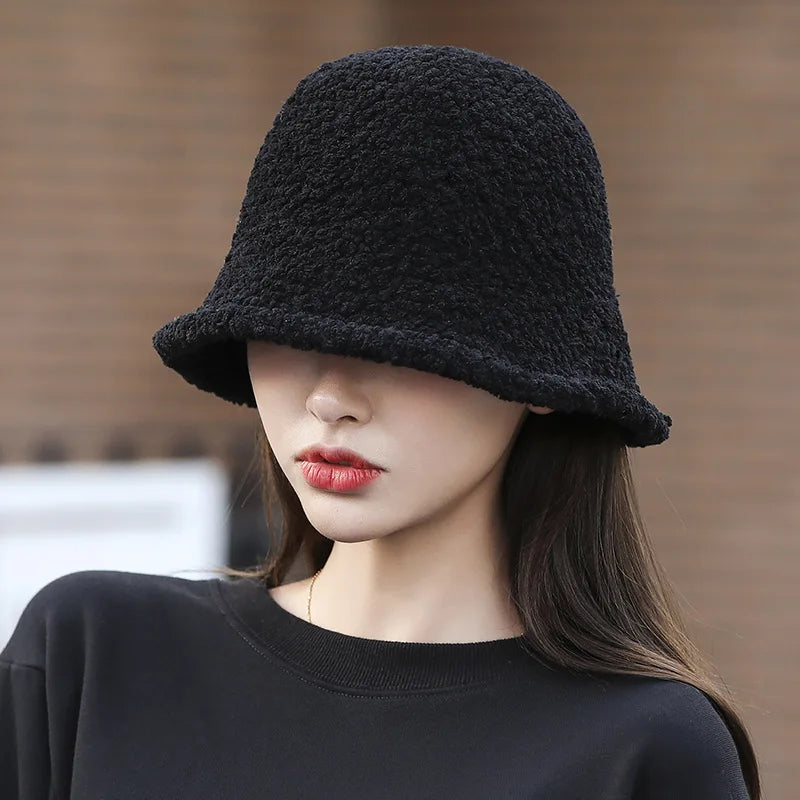 winter bucket hat womens thick warm ear protection hat French wool