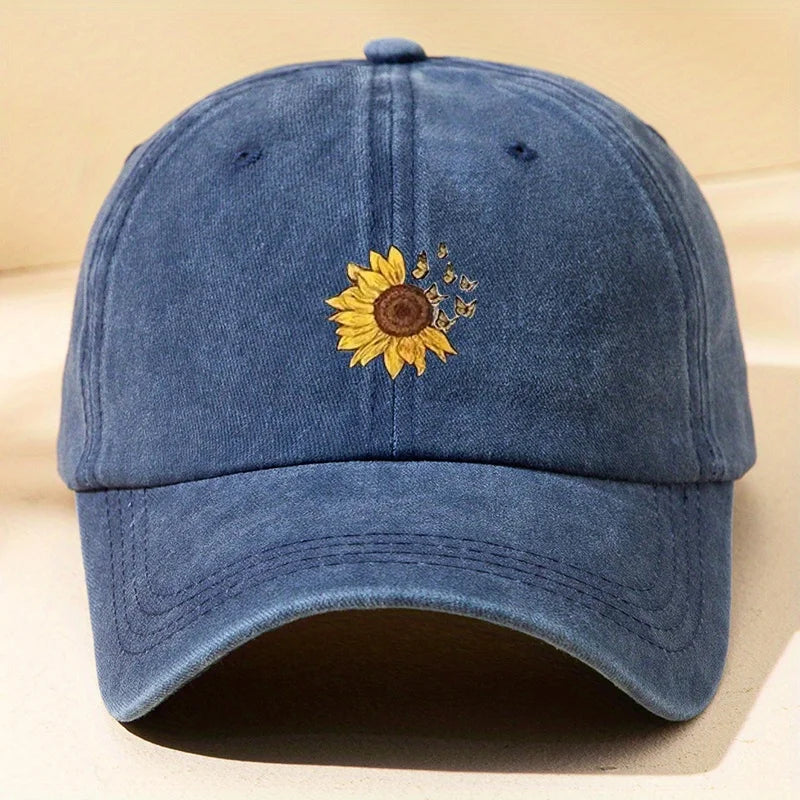 Sunflower Printed Baseball Cap With Retro Washed Soft Top Cap