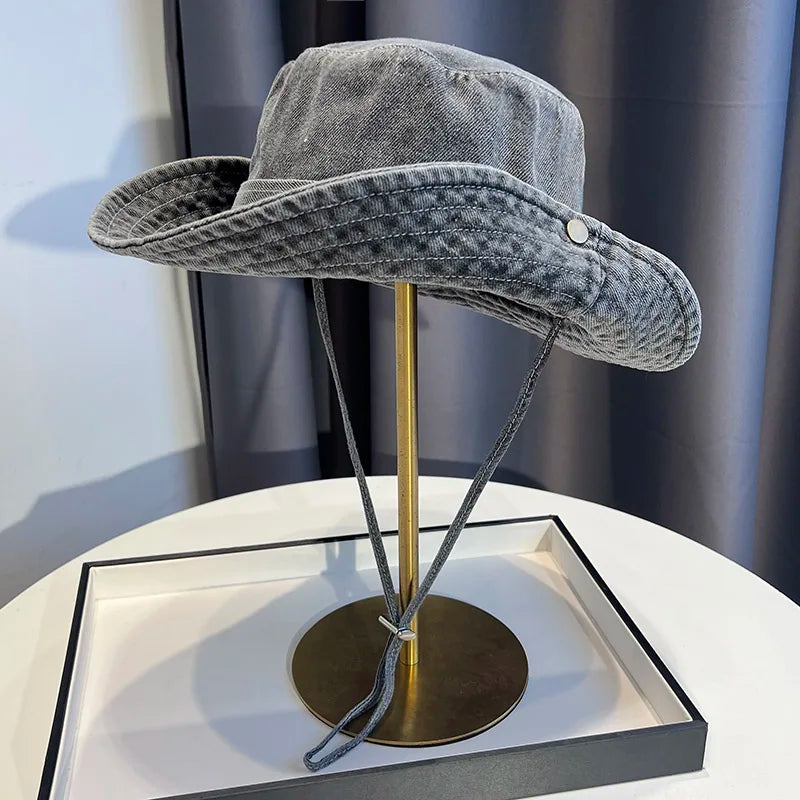 Vintage Washed Denim Bucket Hat Unisex Summer Sun Hat For Women Men