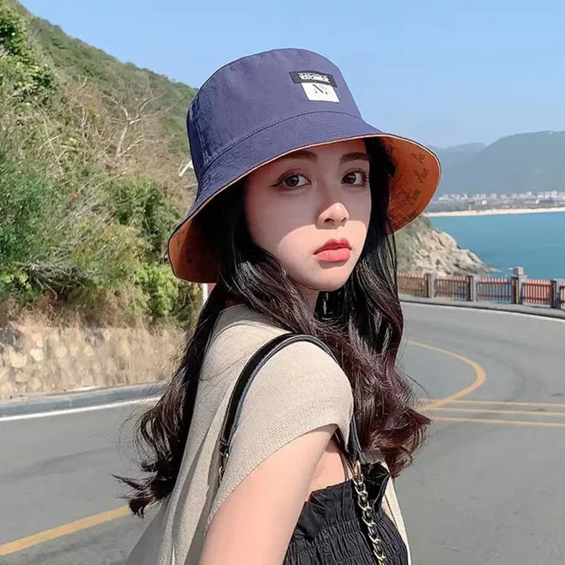 Double-Sided Wear Women Bucket Hat Korean Fashion Letter Print Fisherman Hats For Girl