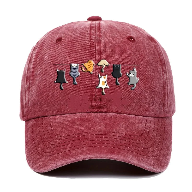 Trendy Cute Cat Print Washed Vintage Soft Top Sunshade Baseball Cap