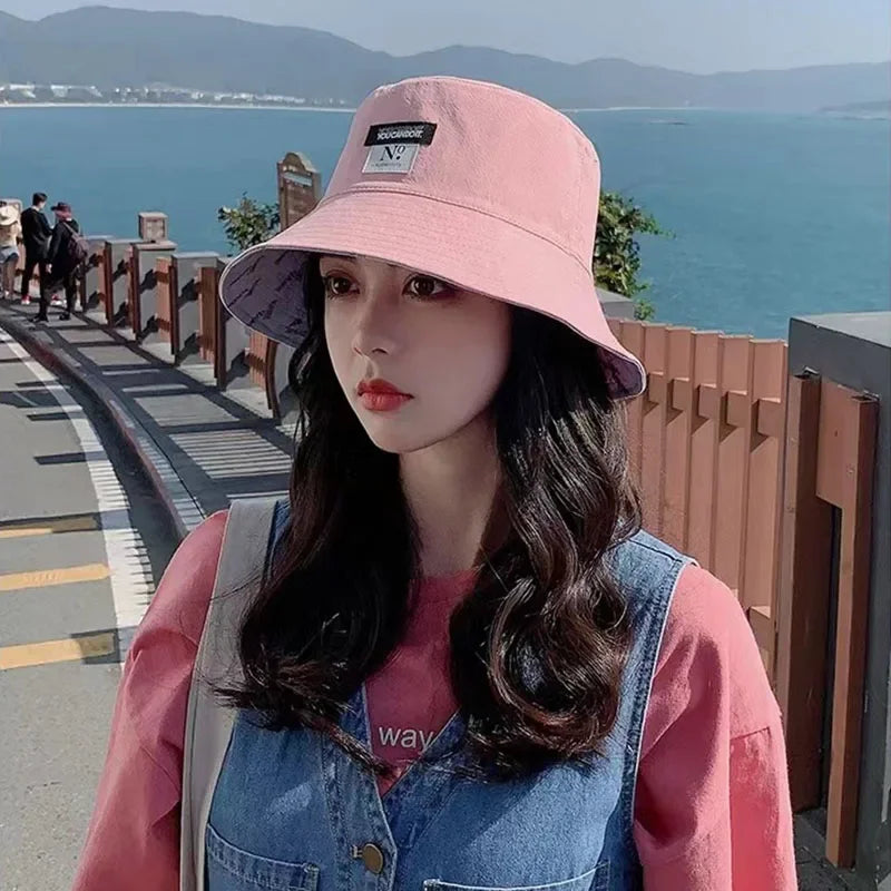 Double-Sided Wear Women Bucket Hat Korean Fashion Letter Print Fisherman Hats For Girl