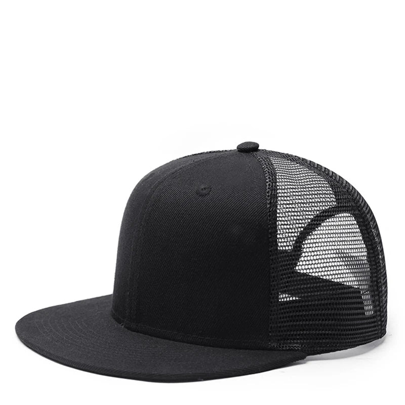 Adult Solid Color Flat Brim Mesh Snapback Cap Men Woman Hip Hop Plain Baseball Hat 55-60cm