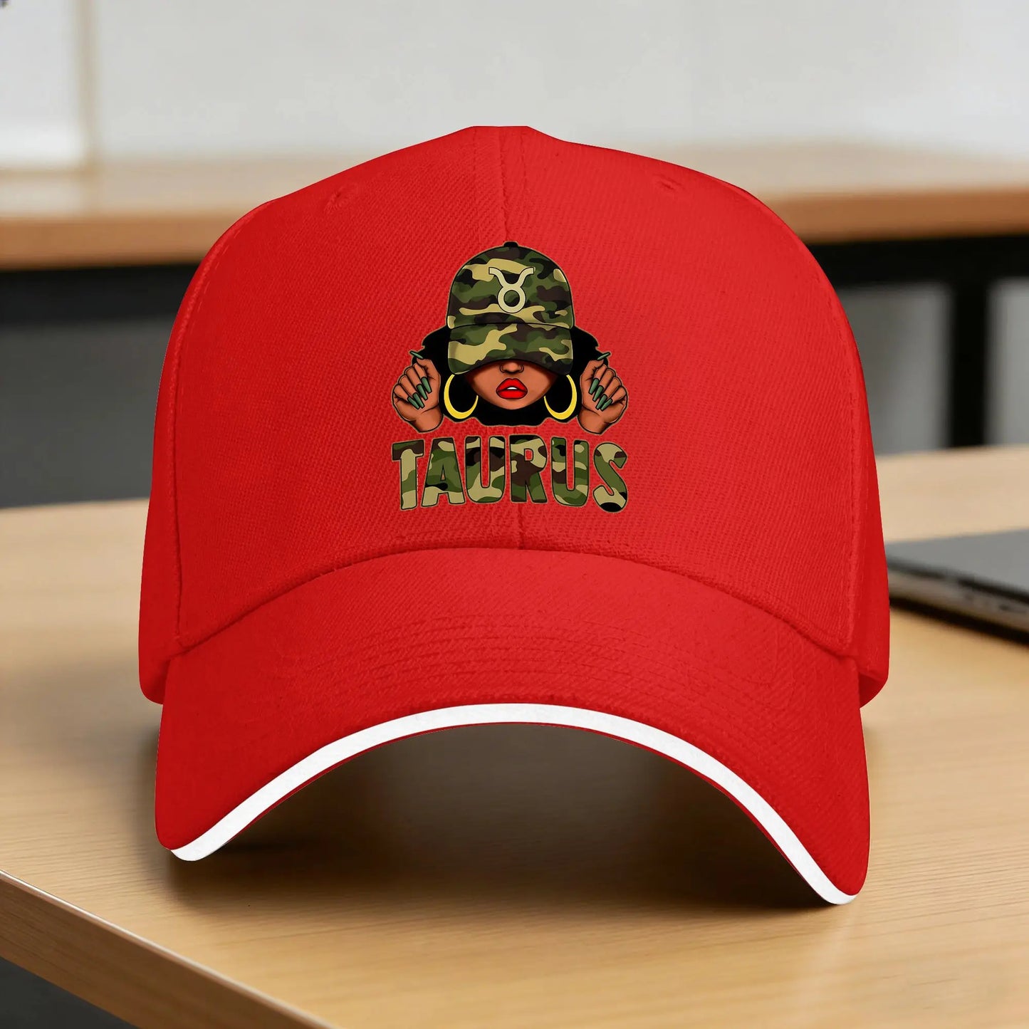 Taurus Queen Black Woman with Cap Camo Sun Baseball Cap