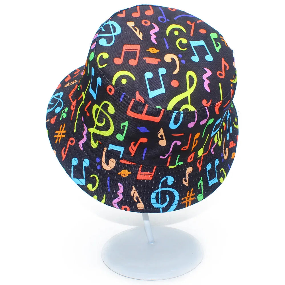 Adorable Musical Note Pattern Fisherman Hat Colorful Graffiti Hip Hop Bucket Hat for Men Women