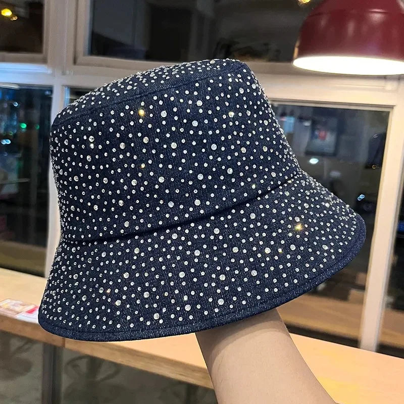 Denim Fisherman Hat Women's Korean Version Spring And Rhinestone Fashion Trend Bucket Hat
