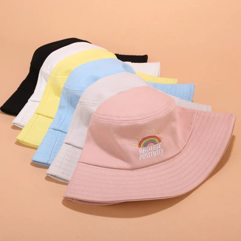 Unisex Foldable Embroidered Bucket Hat Rainbow Print Outdoor Sunscreen Cap Fisherman Hats For Women Bucket Hat