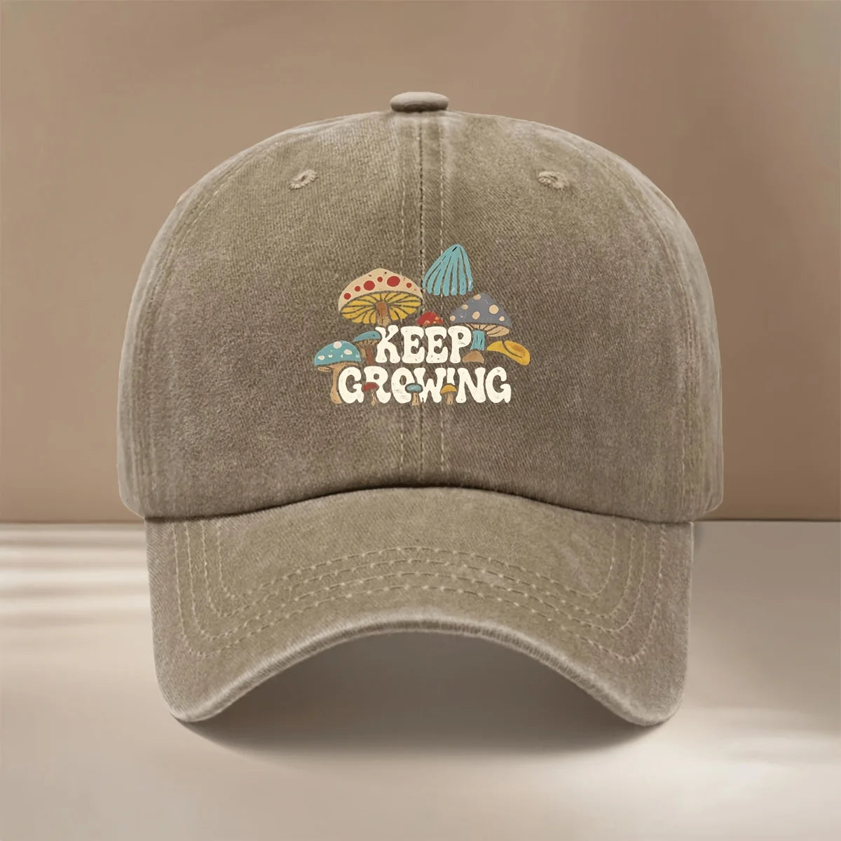 Baseball Cap With "KEEP GROWING" Text And Mushroom Pattern