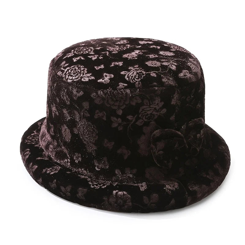 Elegant Floral Printed Women's Bucket Hat With Butterfly Buckle