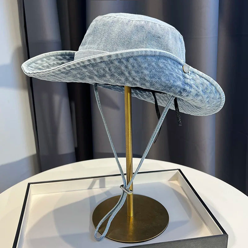 Vintage Washed Denim Bucket Hat Unisex Summer Sun Hat For Women Men