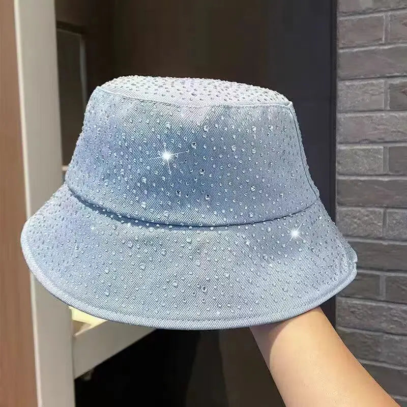 Denim Fisherman Hat Women's Korean Version Spring And Rhinestone Fashion Trend Bucket Hat