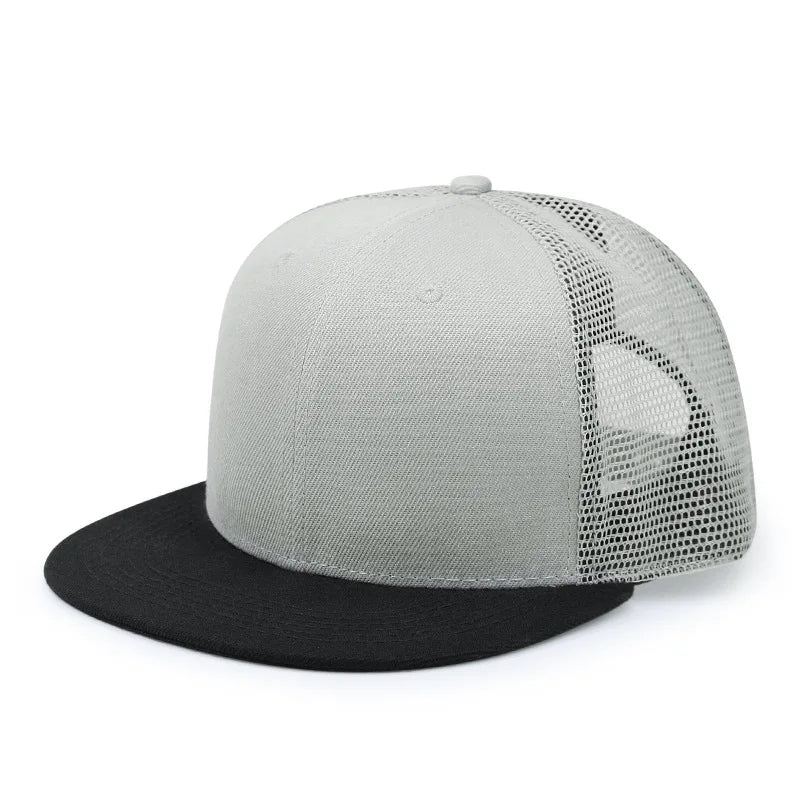 Adult Solid Color Flat Brim Mesh Snapback Cap Men Woman Hip Hop Plain Baseball Hat 55-60cm