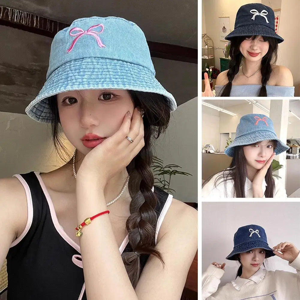 Bows Denim Bucket Hat Women Wide Brim