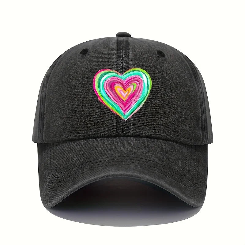 Vintage Baseball Cap With Vibrant Heart-Shaped Print
