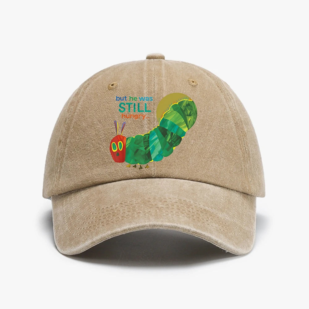 Funny Cartoon Graphic The Very Hungry Caterpillar Printed Washed Baseball Cap