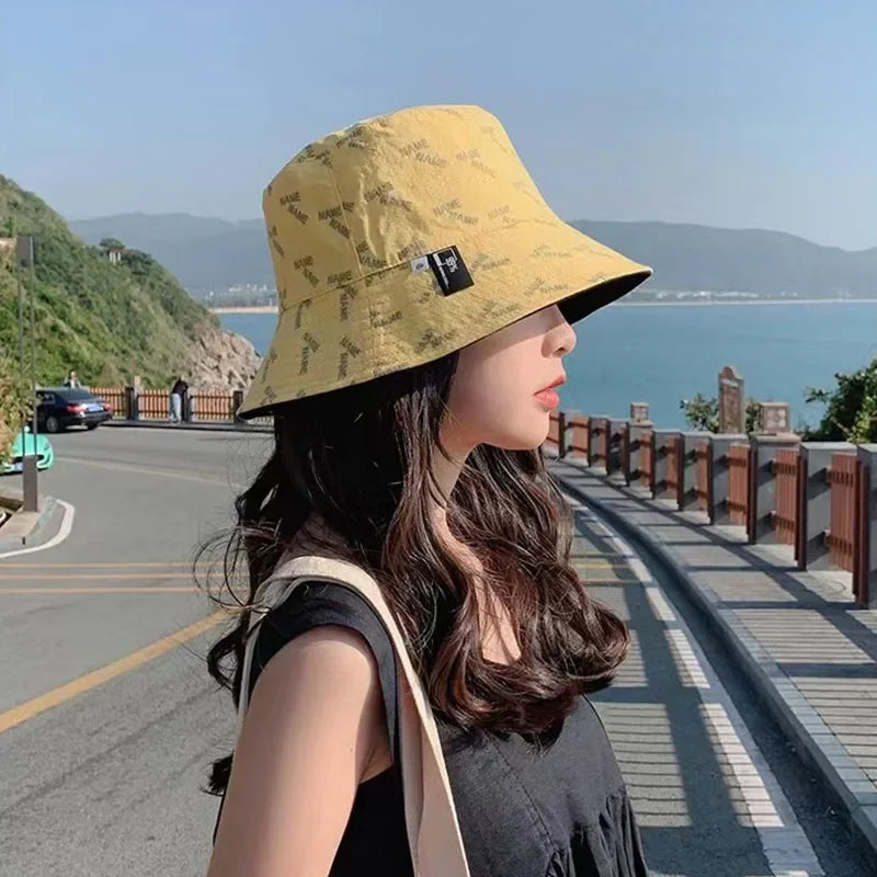 Double-Sided Wear Women Bucket Hat Korean Fashion Letter Print Fisherman Hats For Girl