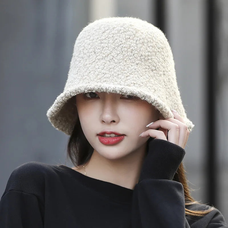winter bucket hat womens thick warm ear protection hat French wool