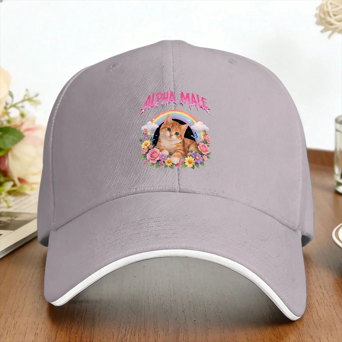 Alpha Male Funny Kitten Rainbow Floral Hilarious Cat Meme Cat Lovers Baseball Cap