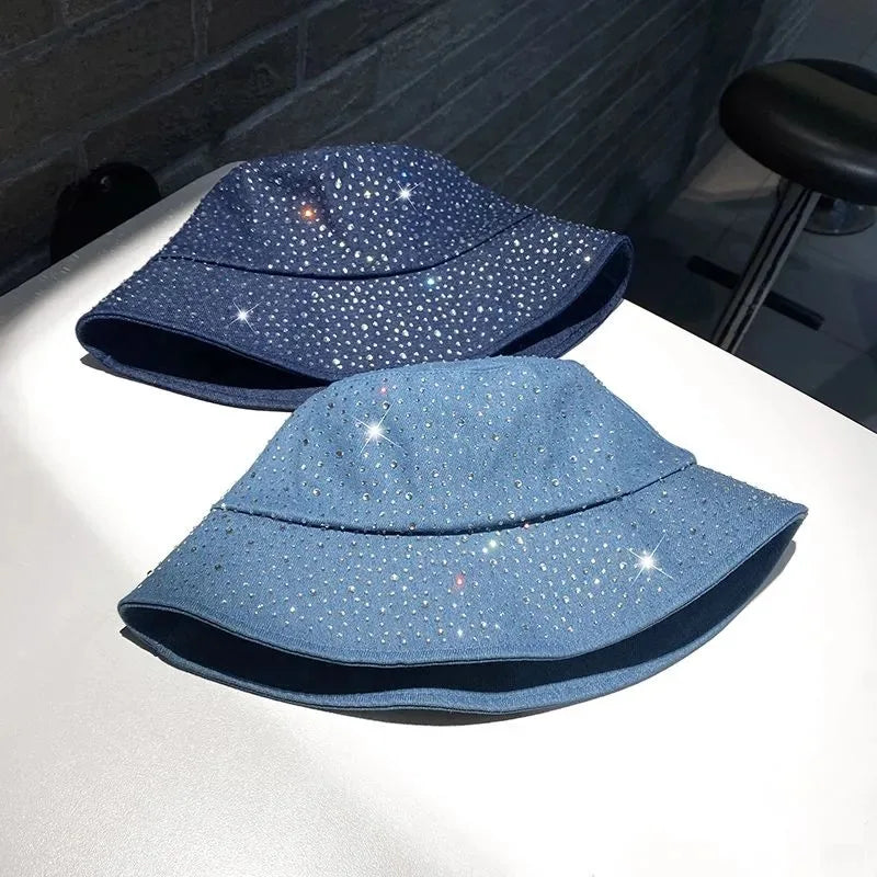Denim Fisherman Hat Women's Korean Version Spring And Rhinestone Fashion Trend Bucket Hat