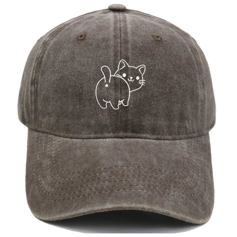 Cute Cat Butt Embroidered Washed Baseball Cap