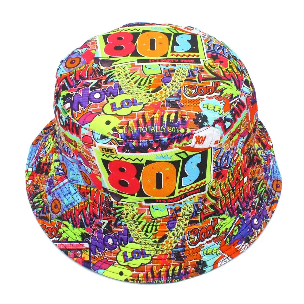 Bucket Hat 80s Printing Double Sided Flat Top Bob Panama Caps For Men Women