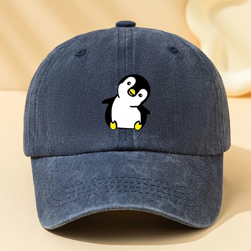 Retro Washed Penguin Cartoon Printed Baseball Cap