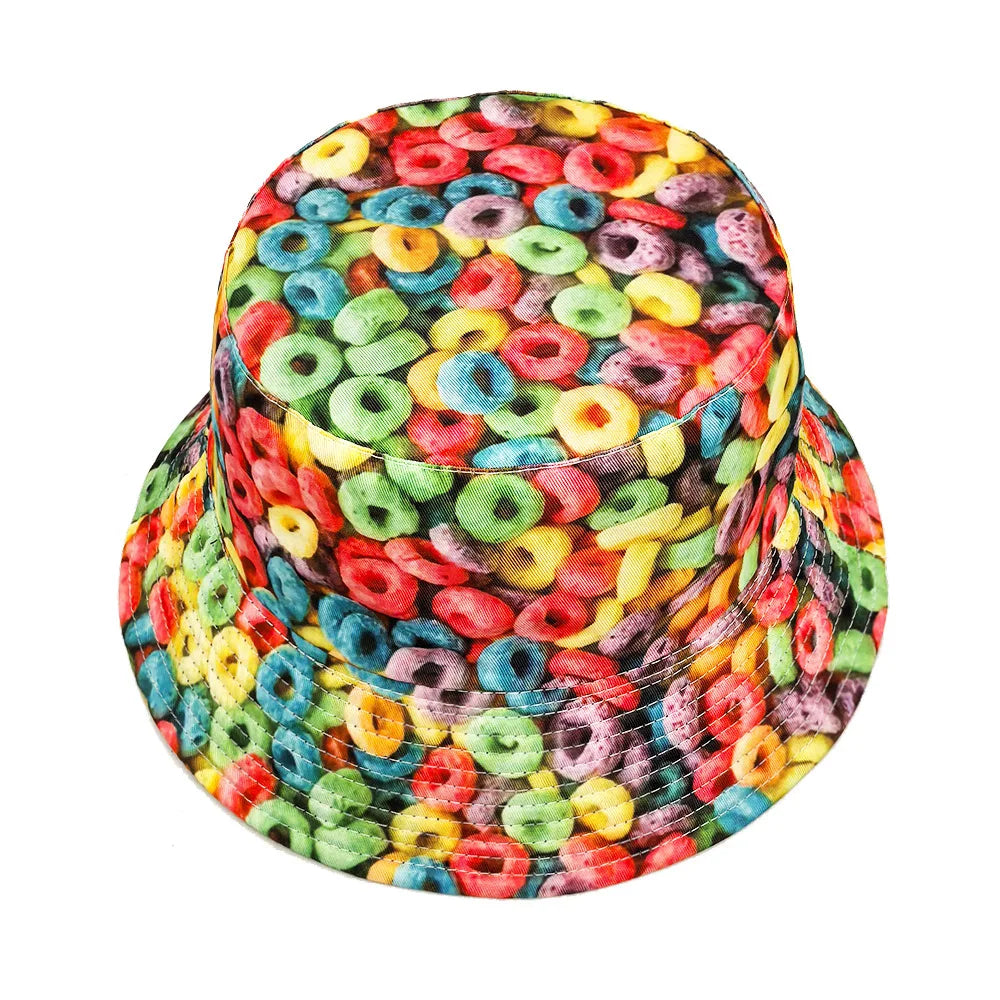 Donut Pattern Bucket Hat Cartoon Graffiti Printing Fisherman Hats Double Sided Panama Cap Men Women