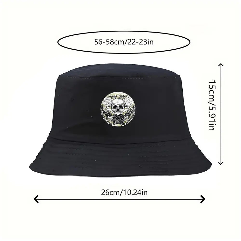 Black Bucket Hat With Skull & Rose Summer Fishing Hat For Men Women