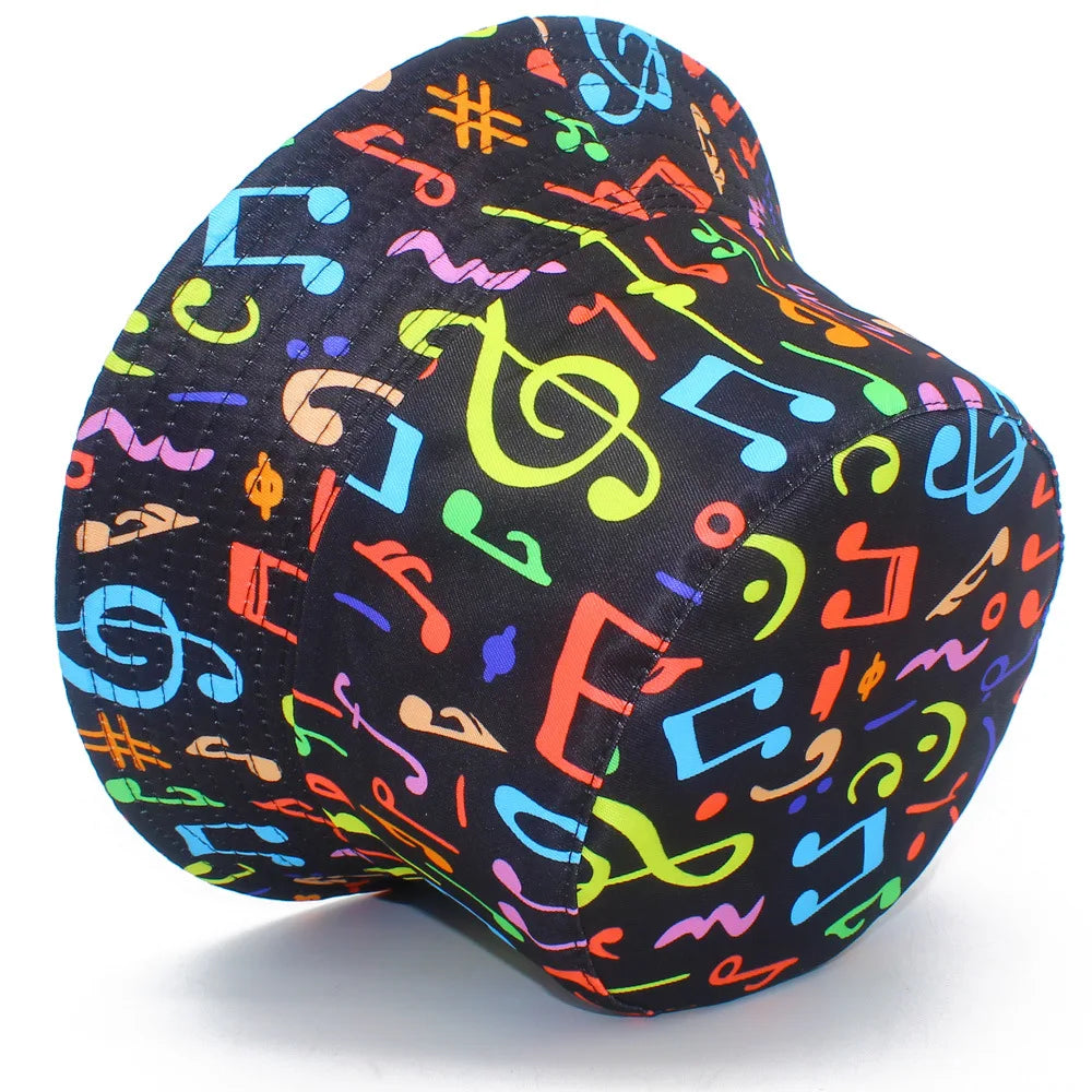 Adorable Musical Note Pattern Fisherman Hat Colorful Graffiti Hip Hop Bucket Hat for Men Women