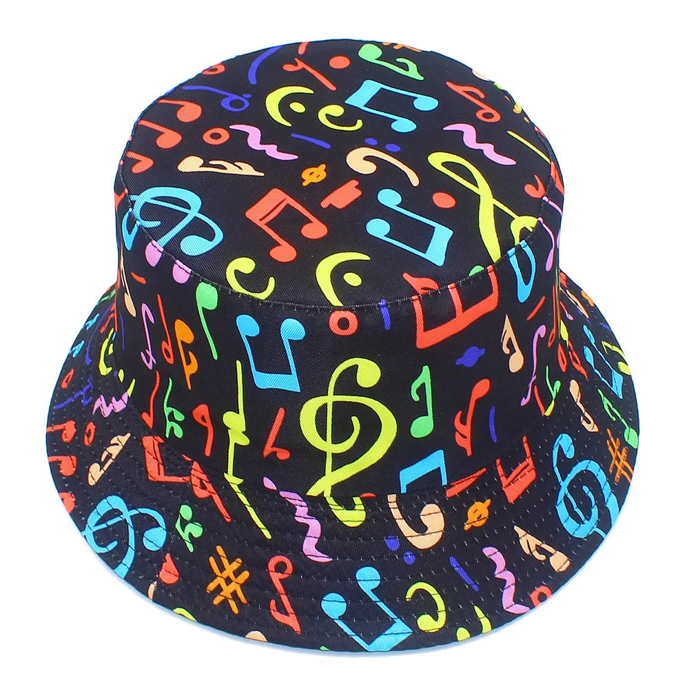 Adorable Musical Note Pattern Fisherman Hat Colorful Graffiti Hip Hop Bucket Hat for Men Women